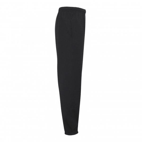 Sort sweatpants set fra siden med snøre i taljen og elastik ved anklerne.