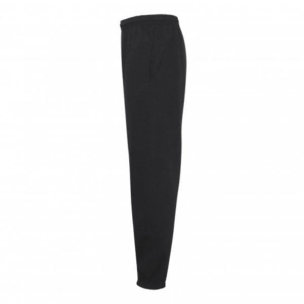 Sort sweatpants set fra siden med snøre i taljen og elastik ved anklerne.