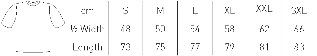 Størrelsesskema for en beklædningsgenstand med størrelserne S til 3XL. Bredde og længde i centimeter