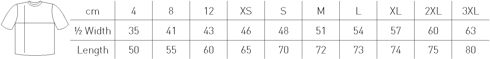 Størrelsesskema for en beklædningsgenstand med størrelserne 4 År til 3XL. Bredde og længde i centimeter