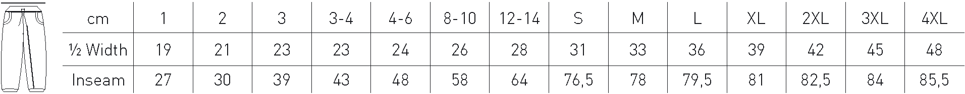 Størrelsesskema for en beklædningsgenstand med størrelserne 1 År til 4XL. Bredde og længde i centimeter