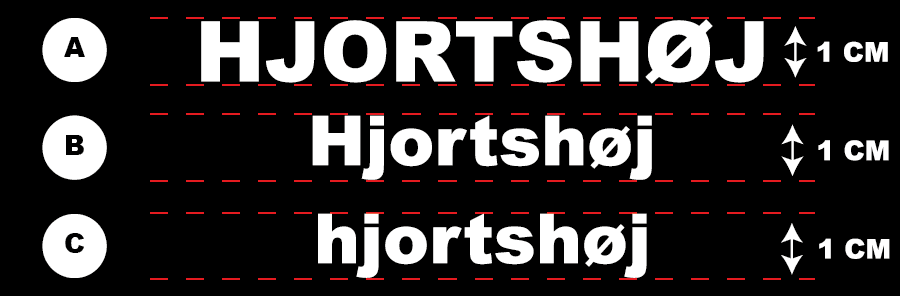 Etiketter med teksten "HJORTSHØJ," "Hjortshøj," og "hjortshøj" i forskellige skrifttyper og størrelser, markeret med bogstaverne A, B og C. Hver etiket måler 1 cm i højden.