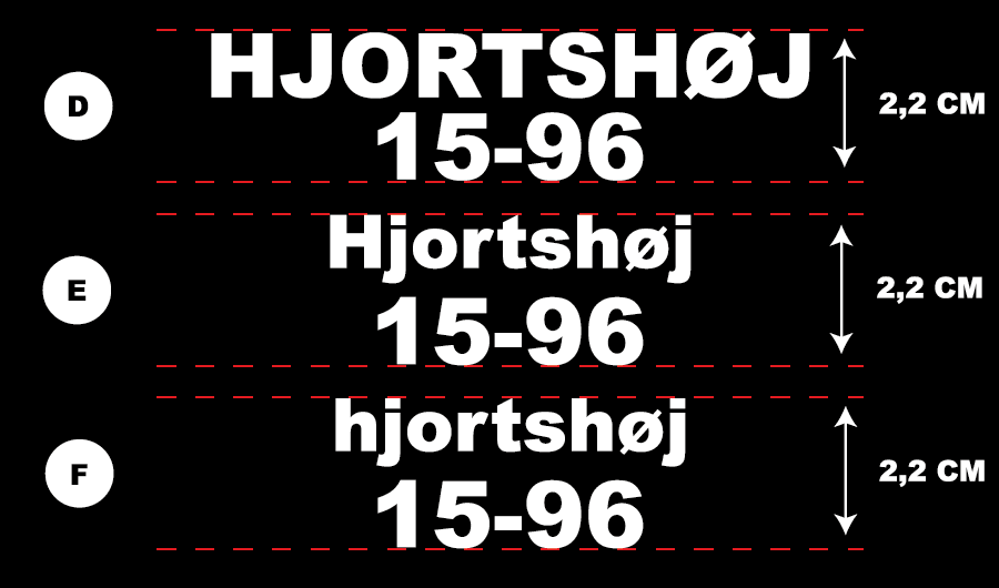 Etiketter med teksten "HJORTSHØJ 15-96," "Hjortshøj 15-96," og "hjortshøj 15-96" i forskellige skrifttyper og størrelser, markeret med bogstaverne D, E og F. Hver etiket måler 2,2 cm i højden.