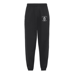 Sort sweatpants med elastik i taljen og ved anklerne, samt et lille hvidt "Royal Danish Firefighters"-emblem på højre lår.